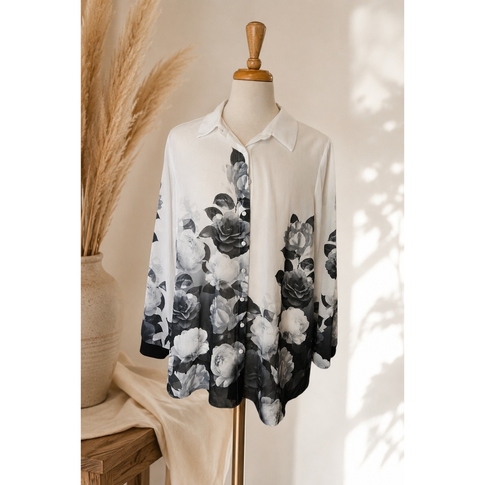 City Chic Womens Plus Size M/18 Monochrome Floral Button Down Blouse White Black
